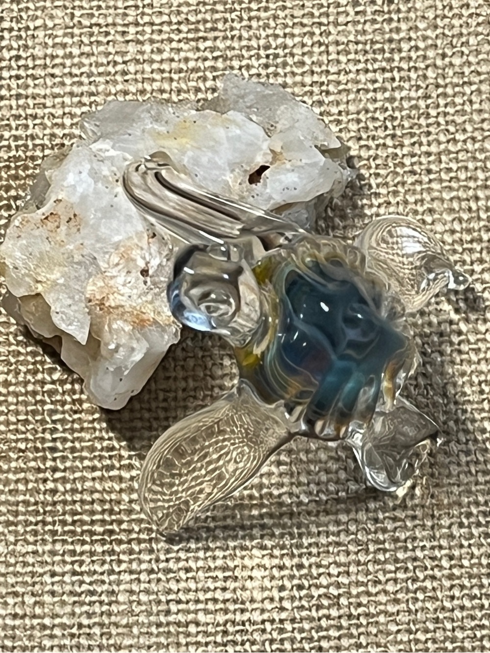 Blown Glass Sea Turtle Figurine, Clear Glass Blue & Brown Swirl Shell Center